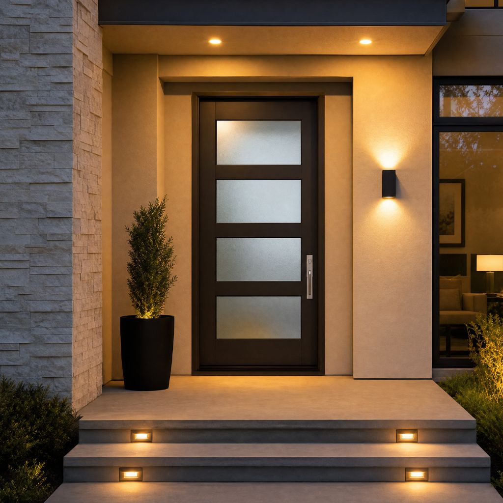Front entrance of a modern home with a dark-framed door featuring frosted glass panels, lit by warm step lights and a tall potted plant on the left.