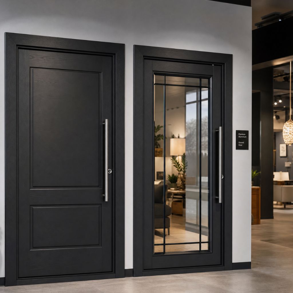 Pair of black showroom doors: a solid-panel door beside a glass door with a metal grid.