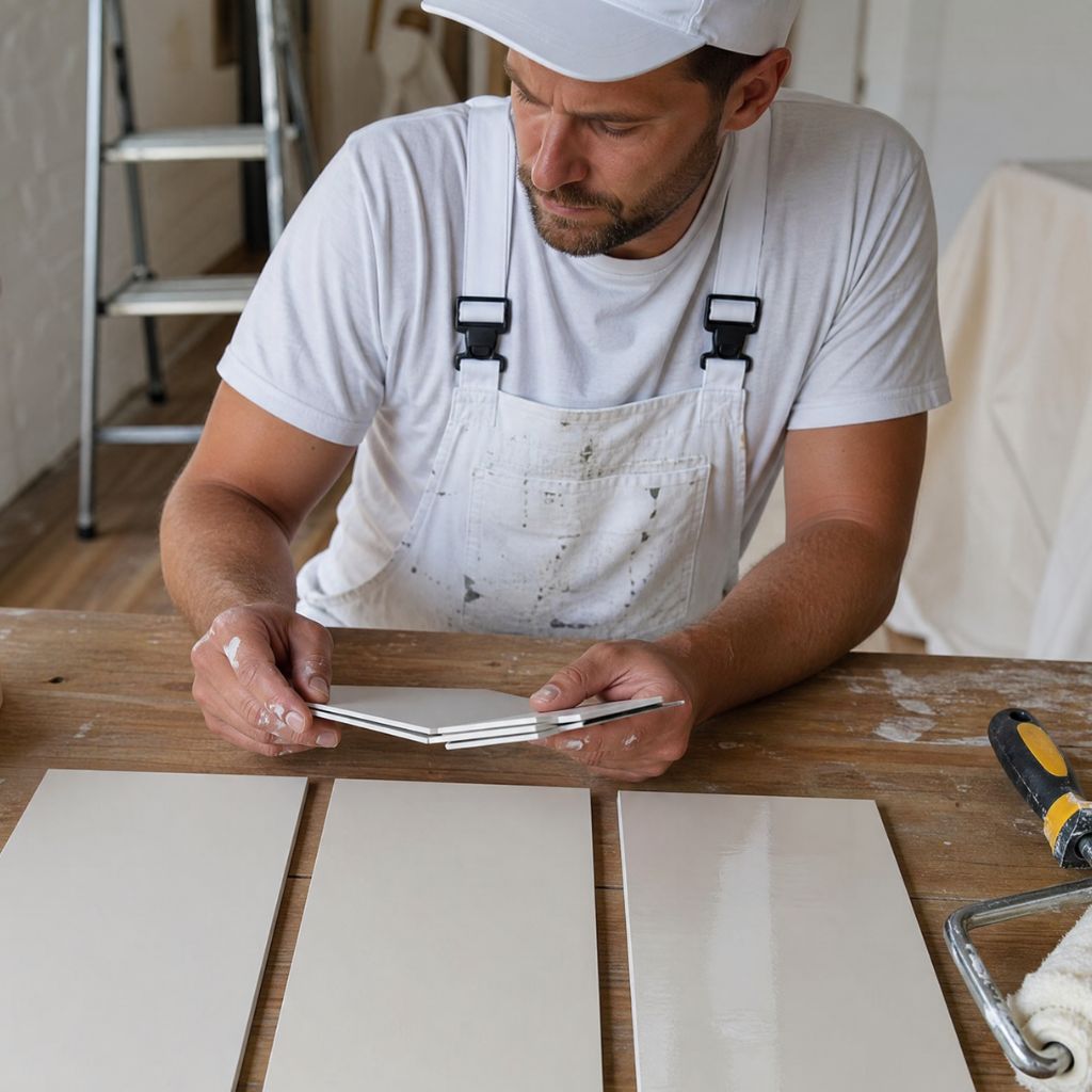Tradesperson in white cap and overalls arranging ceramic tile samples on a workbench; ladder and tools visible in a renovation space.