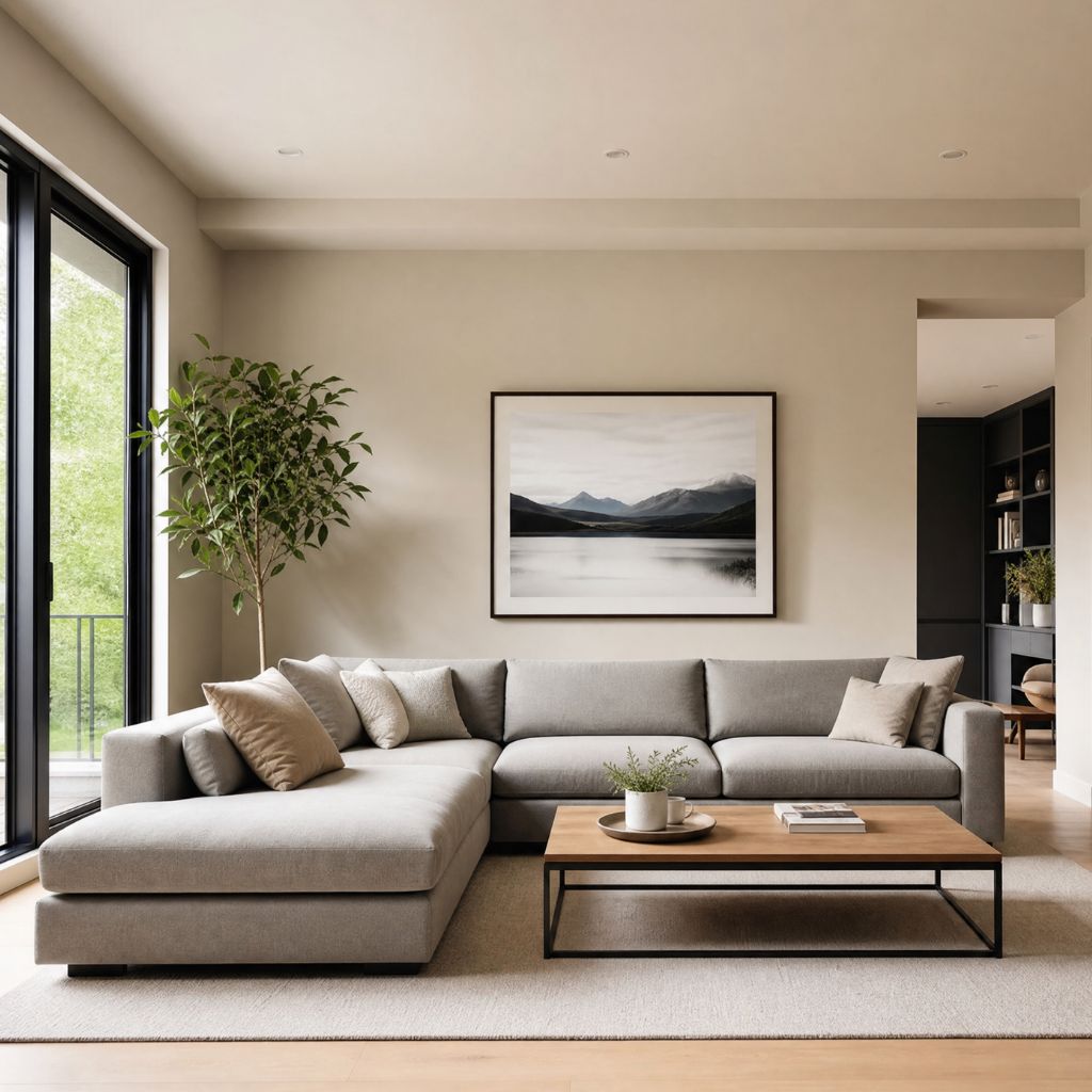 Modern living room with a gray sectional sofa, wooden coffee table, potted tree, and a framed mountain landscape on a beige wall.