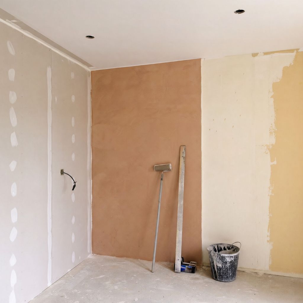 Room under renovation with bare walls being plastered; a drywall roller, level, bucket, and tools lean against a brown-painted wall.