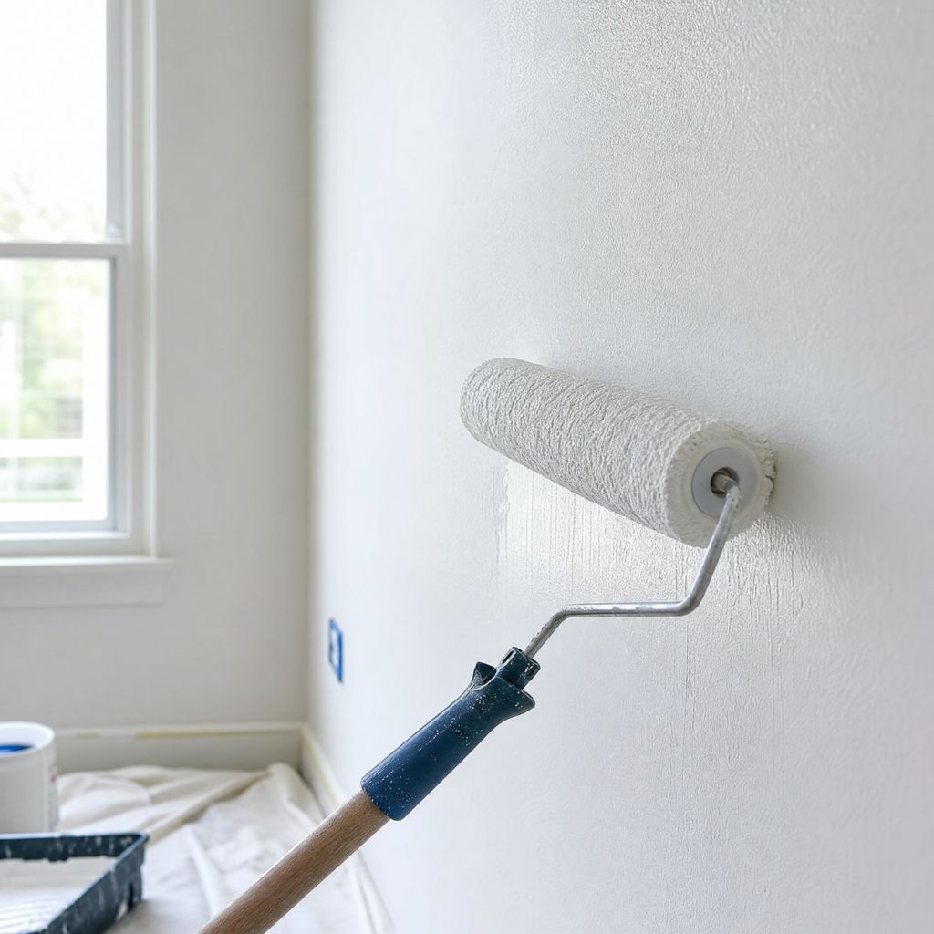 Paint roller applying white paint to a wall in a bright room, with a window in the background.