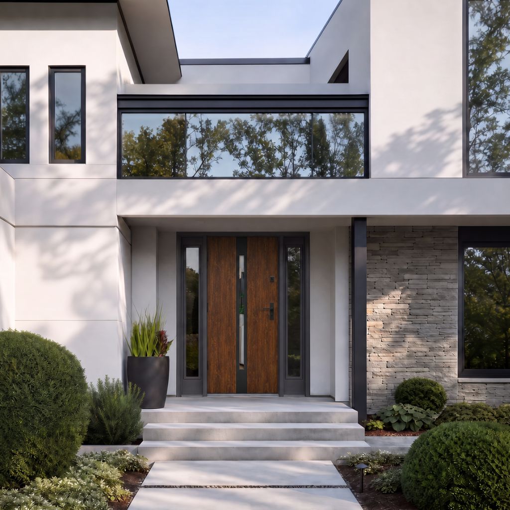 Modern two-story house entrance with a wood-paneled double door, gray concrete facade, and large glass windows reflecting trees; landscaped front yard with shrubs and potted plants.