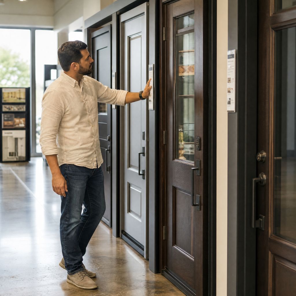 Man in a light shirt and jeans inspects a gray door in a showroom of interior doors.