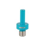 Blue plastic valve core tool with a threaded metal end, used to remove/install valve cores in tires