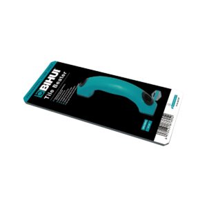 Packaging for a turquoise Tile Beader tool with a curved handle on a black card, showing product name and barcode on the back.