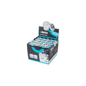 Retail display: BIHUI Cooling Wax tubs arranged in neat rows in a black/blue stand