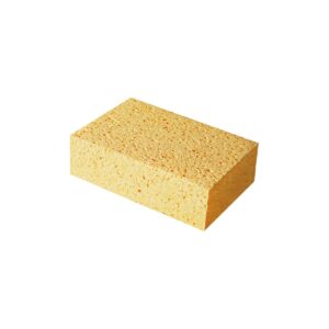 Yellow kitchen sponge with a porous, open-cell surface designed for cleaning dishes and surfaces.