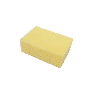 Yellow rectangular kitchen sponge with a porous surface, used for cleaning dishes and surfaces on a white background.