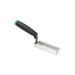 Hand scraper with a flat rectangular metal blade and a black ergonomic handle, used for scraping surfaces.