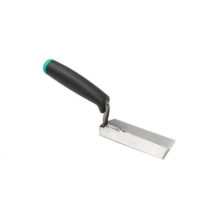 Hand scraper with a flat rectangular metal blade and a black ergonomic handle, used for scraping surfaces.