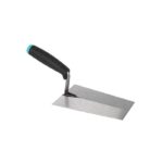 Metal trowel with a black ergonomic handle, used for spreading plaster or cement on masonry or tiles