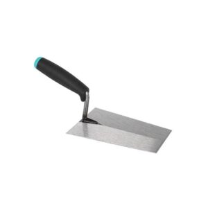 Metal trowel with a black ergonomic handle, used for spreading plaster or cement on masonry or tiles