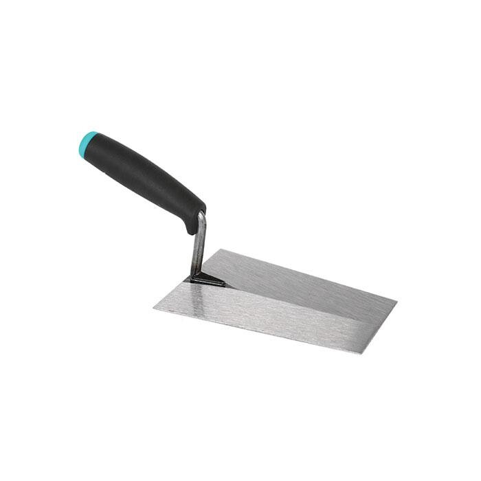 Metal trowel with a black ergonomic handle, used for spreading plaster or cement on masonry or tiles