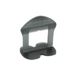 Gray plastic handheld guide with two legs and a rectangular opening, used to align or hold items.