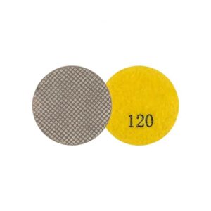 Two round abrasive discs: a gray, grid-textured pad and a yellow 120-grit pad for sanding and polishing.