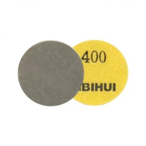 Two overlapping circular sanding discs: a gray abrasive pad and a yellow 400 grit disc with BIHUI text on it.