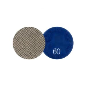 Two circular sanding discs: a gray abrasive disc and a blue 60-grit sanding disc.