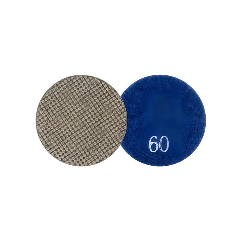 megabudowlany-bihui-mini-pad-galwanizowany-polerowanie-p60-50mm-sklep-budowlany - Mega Budowlany Two circular sanding discs: a gray abrasive disc and a blue 60-grit sanding disc.