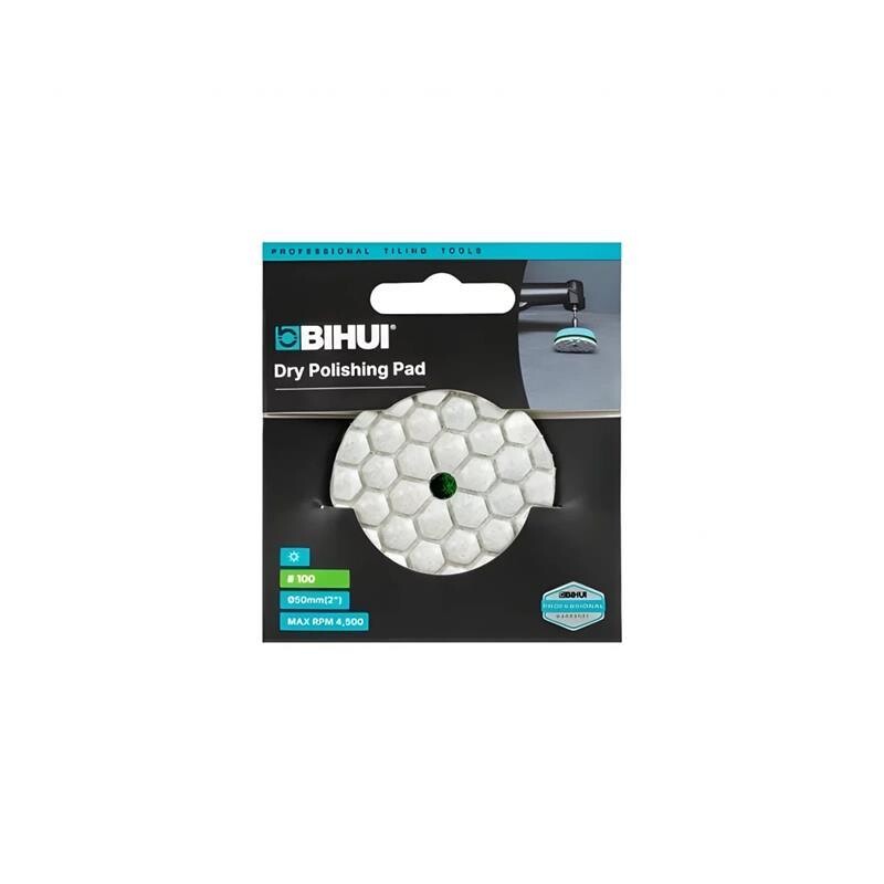 megabudowlany-bihui-mini-pad-polerowanie-na-sucho-p100-50mm-sklep-budowlany - Mega Budowlany Product packaging for Bihui Dry Polishing Pad, hexagonal white polishing pad with green center shown on black package.