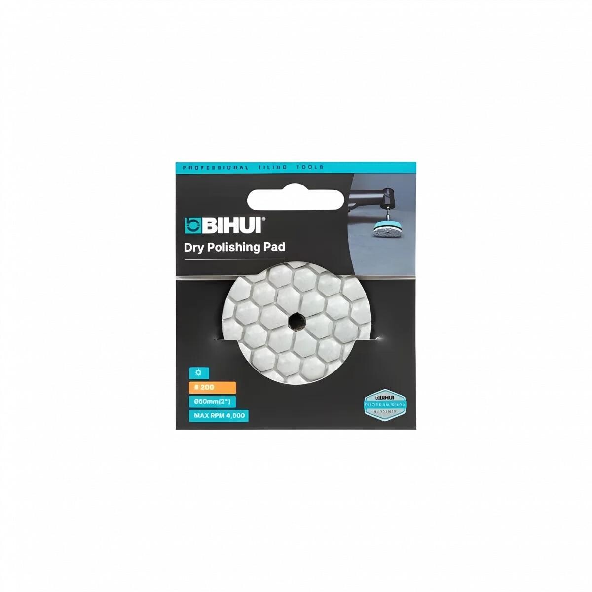 megabudowlany-bihui-mini-pad-polerowanie-na-sucho-p200-50mm-sklep-budowlany - Mega Budowlany BIHUI Dry Polishing Pad in black packaging; round pad with hexagon honeycomb texture visible through the window-like area.