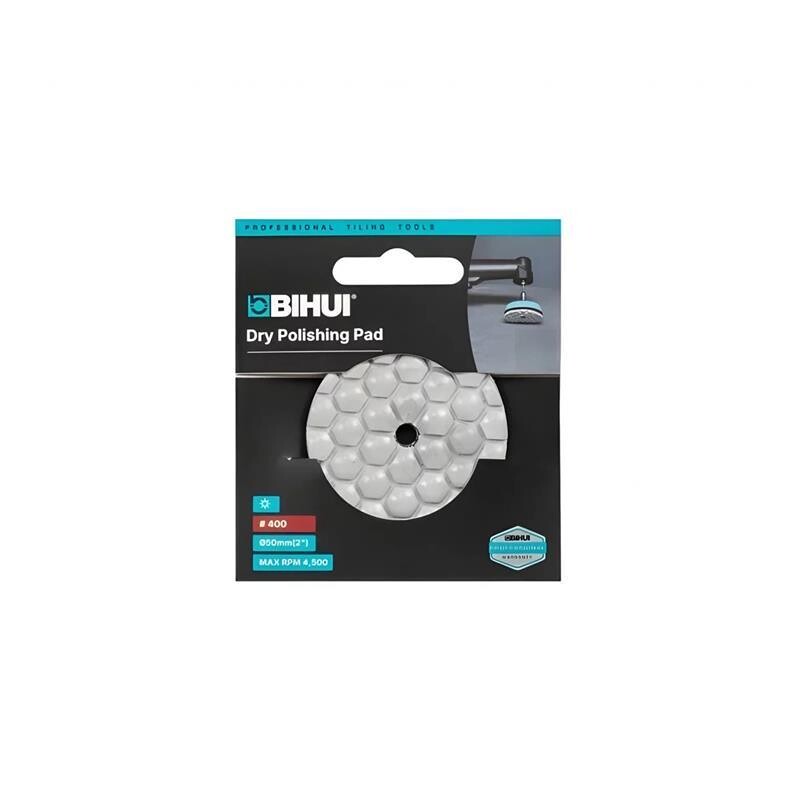 megabudowlany-bihui-mini-pad-polerowanie-na-sucho-p400-50mm-sklep-budowlany - Mega Budowlany Dry polishing pad on packaging from Bihui with blue and black label, honeycomb pad visible through center cutout.
