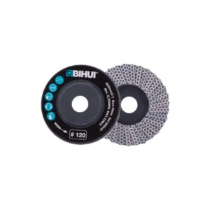 Flap sanding wheel with blue-black rear plate and gray abrasive discs, 120 grit, for angle grinders