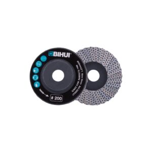 Two grinding flap discs for an angle grinder, one showing grit '200' on a black label with blue icons and BIHUI branding.