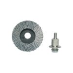 Sanding flap wheel with perforated abrasive surface and central hole, shown with an arbor adapter bolt nearby