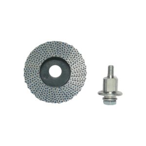 Sanding flap wheel with perforated abrasive surface and central hole, shown with an arbor adapter bolt nearby