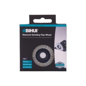 BIHUI Diamond Grinding Flap Wheel packaging with the abrasive wheel visible in the center