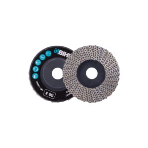 Two overlapping round abrasive flap discs with central holes; one shows blue safety icons and branding, the other displays layered abrasive petals ready for sanding.