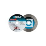 A pair of BIHUI professional cutting discs for angle grinders, one showing labeling and safety icons on a blue and white hub, ready for use.