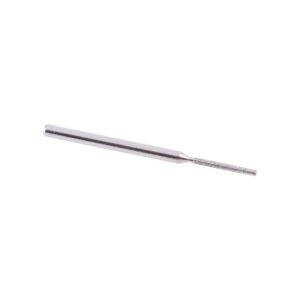 Metal rotary burr: long, smooth silver shank with a small, rough-cut cylindrical tip for grinding or deburring