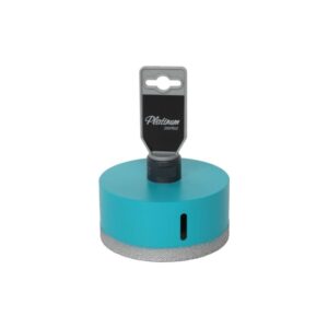 Turquoise circular base with a vertical slot and a metal blade attached on top, labeled Platinum series.