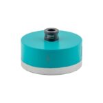 Blue 125mm sanding/backing pad with a threaded center hub and knurled silver edge for an angle grinder