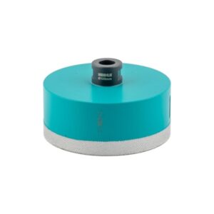 Blue 125mm sanding/backing pad with a threaded center hub and knurled silver edge for an angle grinder
