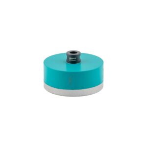 Turquoise 125 mm polishing pad with metal knurled edge and central arbor port for mounting on a grinder or polisher