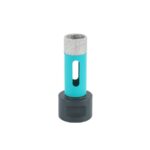 Turquoise handheld microphone with a silver mesh grille mounted on a dark stand base viewed from the side.