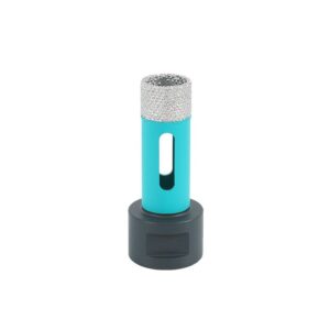 Turquoise handheld microphone with a silver mesh grille mounted on a dark stand base viewed from the side.