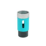 Teal cylindrical device with a textured silver mesh top and a dark base, likely a small filter or cap component.
