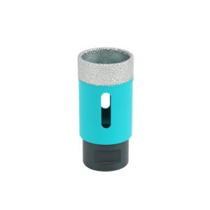 Teal cylindrical device with a textured silver mesh top and a dark base, likely a small filter or cap component.