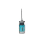 Compact desktop stapler with a teal body and chrome accents on a white background.