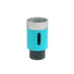 Turquoise cylindrical handheld device with a textured silver top and a vertical slot on the side.