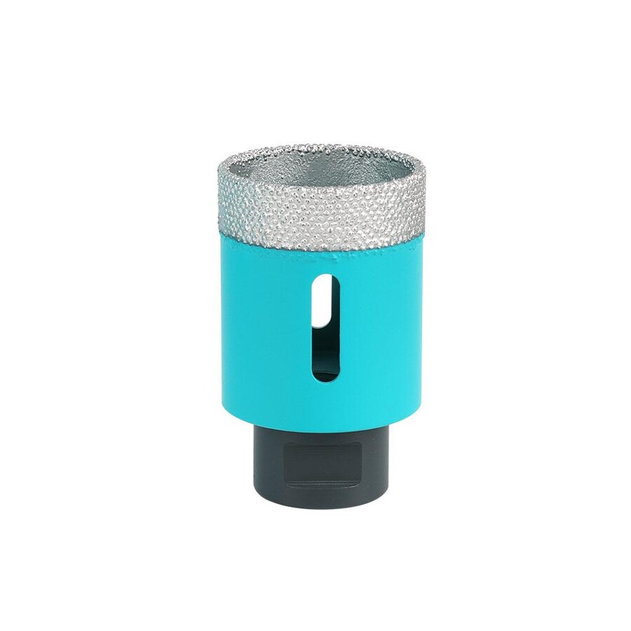 megabudowlany-bihui-otwornica-diamentowa-turbo-m14-45mm-sklep-budowlany - Mega Budowlany Turquoise cylindrical gadget with a textured silver rim on top and a vertical slot in the body, standing on a dark base.