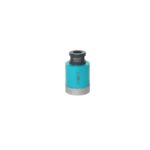 Blue socket adapter with a knurled silver base and a black drive opening for connecting bits/attachments.