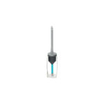 Pipette-like laboratory instrument with a turquoise tube inside a metal frame, standing upright on a gray handle.