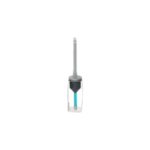 Pipette-like laboratory instrument with a turquoise tube inside a metal frame, standing upright on a gray handle.