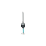 Vertical gray lab instrument mounted on a round base with a blue-tipped pipette inside a clear enclosure. The scene resembles a precision liquid-handling tool for laboratories.