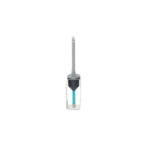 Vertical gray lab instrument mounted on a round base with a blue-tipped pipette inside a clear enclosure. The scene resembles a precision liquid-handling tool for laboratories.